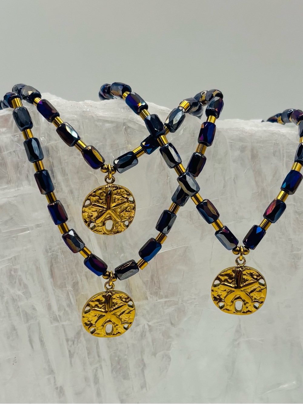 *ANKLET* S. Steel Gold Sand Dollar & AB Dark Purple Crystal Stretchy Anklet - Picture 2 of 6